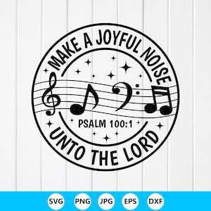 Peut inclure: Un motif graphique circulaire noir présentant le texte "MAKE A JOYFUL NOISE UNTO THE LORD" et "PSALM 100:1". Le centre comprend des portées musicales, une clé de sol, une clé de fa, deux notes de musique et plusieurs petites étoiles à quatre branches.