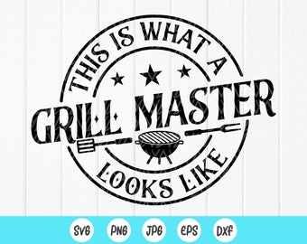May include: Black and white graphic design with a circular stamp that says "This is what a grill master looks like". The stamp has a grill, spatula, and two stars inside.