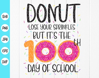May include: A colorful graphic design with the text "DONUT lose your sprinkles but it's the 100th day of school" with two pink and white donuts with sprinkles.