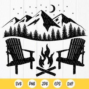 Fogata con sillas Adirondack (svg), Regalos para acampar (svg), Camping en la montaña y el bosque (svg), Letrero para fogata (svg), Archivos de descarga instantánea para Cricut