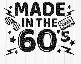 May include: Black and white graphic design with the text "Made in the 60's" with a retro cassette tape, sunglasses, and lightning bolts.