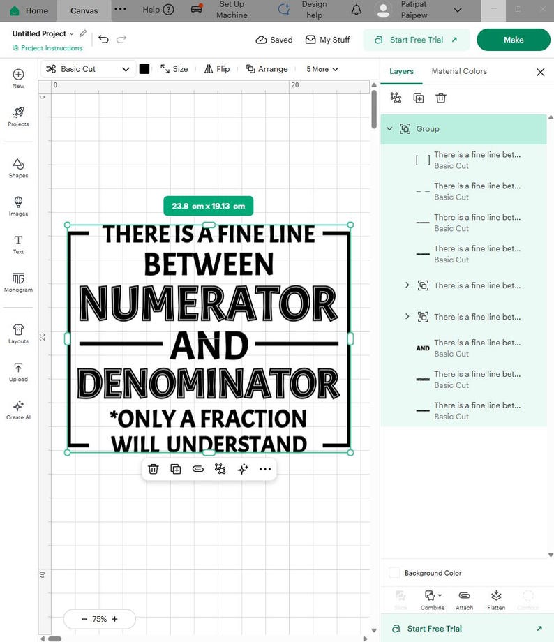 May include: A digital design interface displaying the black text: THERE IS A FINE LINE BETWEEN NUMERATOR AND DENOMINATOR *ONLY A FRACTION WILL UNDERSTAND. The graphic is framed by horizontal lines and measures 23.8 cm by 19.13 cm.