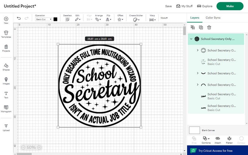 May include: A black and white design for a round sticker or iron-on patch that says "Only because full time multitasking wizard School Secretary isn't an actual job title".