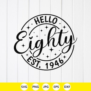 Hello Eighty SVG PNG : 80th Birthday Party Design, Cut files for Cricut (Digital Download)