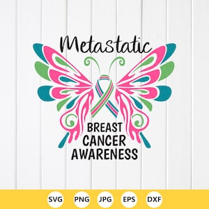Puede incluir: Un diseño de mariposa colorido con las palabras "Concienciación sobre el cáncer de mama metastásico". Las alas de la mariposa son rosas, verdes y turquesas. Una cinta en el centro es verde y turquesa. La imagen incluye iconos de tipo de archivo.