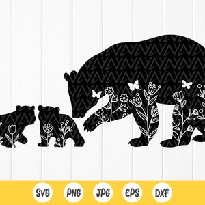 Mamãe Ursa Floral com dois filhotes, Urso Floral svg, Mamãe Ursa Flor, Design de camisa de mãe, Mamãe Svg, Urso svg, Arquivos para download instantâneo para Cricut