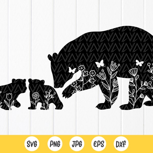Mama Bear Floral with two cubs, Floral Bear svg, Mama Bear Flower, Mom shirt design, Mama Svg, Bear svg, Instant Download files for Cricut