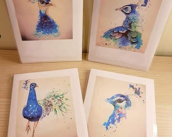 Set of 4 Handmade Peacock greetings cards