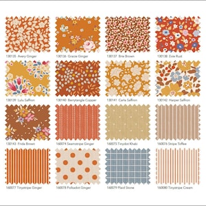 Puede incluir: Una colección de 16 muestras de tela en varios patrones y colores, incluyendo naranja, marrón, rojo, amarillo, azul y blanco. Las muestras están etiquetadas con números y nombres, como "Avery Ginger", "Gracie Ginger", "Brie Brown", "Evie Rust", "Lulu Saffron", "Berrytangle Copper", "Carla Saffron", "Harper Saffron", "Frida Brown", "Seamstripe Ginger", "Tinydot Khaki", "Stripe Toffee", "Tinystripe Ginger", "Polkadot Ginger", "Plaid Stone" y "Tinystripe Cream".