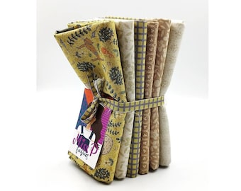 Lynette Anderson: Good Boy and Kitty - Fat Quarter Bundle of 6 Mustard/ Cream crafting fabrics