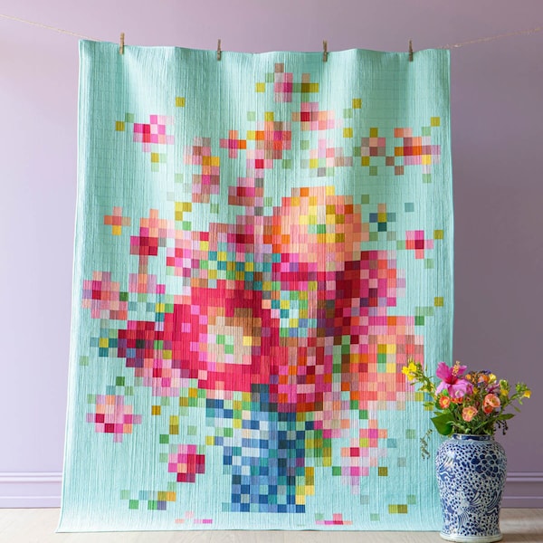 Tilda Solids Flower Vase Embroidery Quilt Kit- 63.5*81.5in finished size quilt kit and pattern- optional batting and ready-to-sew fabric kit