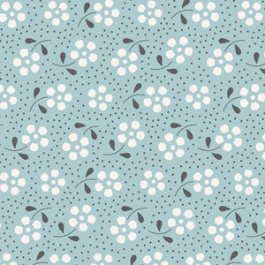 May include: A seamless pattern featuring white flowers with five petals and gray leaves on a light blue background. The background is also dotted with small gray circles.