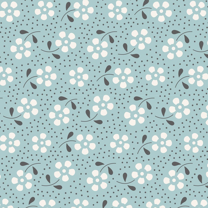 May include: A seamless pattern featuring white flowers with five petals and gray leaves on a light blue background. The background is also dotted with small gray circles.