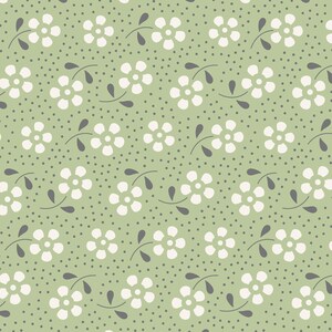 May include: A seamless pattern featuring white flowers with five petals and gray stems on a light green background with a subtle gray polka dot pattern.
