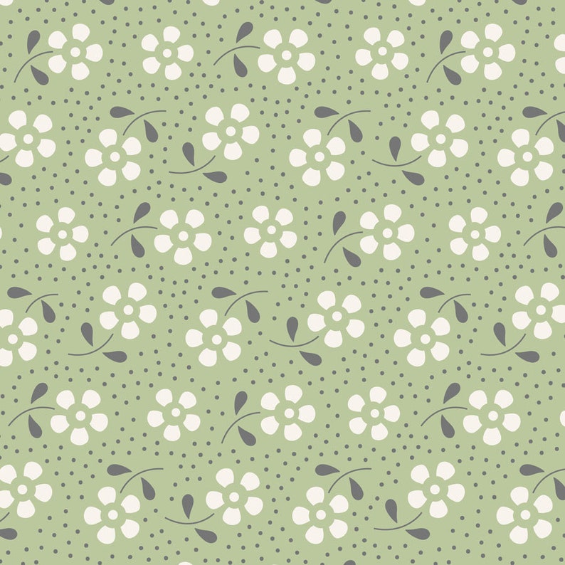 May include: A seamless pattern featuring white flowers with five petals and gray stems on a light green background with a subtle gray polka dot pattern.