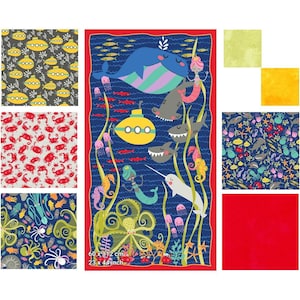 Bundle aus 7 Fat Quarters Bastelstoffen mit thematischen Panel- Sealife, Fisch, Hai Thema
