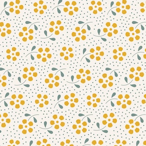 May include: A seamless pattern featuring yellow flowers with five petals and green leaves on a white background with small gray dots.