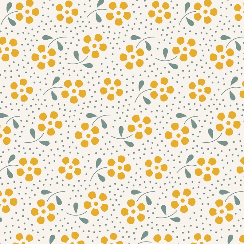 May include: A seamless pattern featuring yellow flowers with five petals and green leaves on a white background with small gray dots.