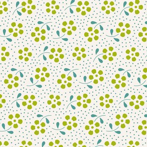 May include: A seamless pattern featuring green flowers with five petals on a white background with small blue dots. The flowers are arranged in a repeating pattern with a simple blue stem and leaves.