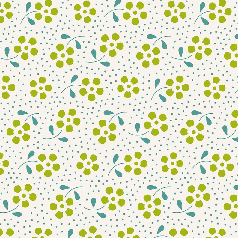 May include: A seamless pattern featuring green flowers with five petals on a white background with small blue dots. The flowers are arranged in a repeating pattern with a simple blue stem and leaves.