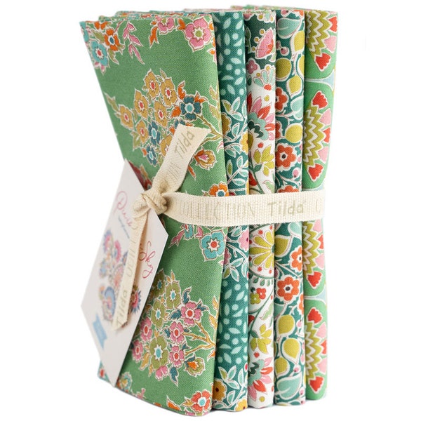 Lot de 5 tissus de création Tilda Pie in the Sky Fat Quarter de vert/pin