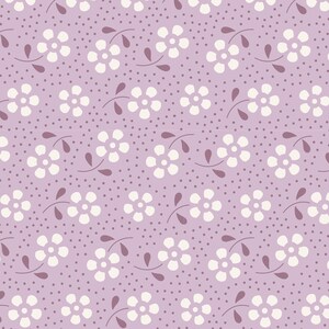 May include: A seamless pattern featuring white flowers with five petals on a light purple background. The background is also covered in a subtle pattern of small white dots.