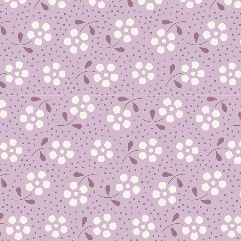 May include: A seamless pattern featuring white flowers with five petals on a light purple background. The background is also covered in a subtle pattern of small white dots.