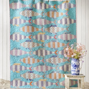 Tilda Cotton Beach Striped Fish Teal Quilt Kit- 57.5*75.5in finished size quilt kit and pattern-  optional batting
