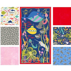 Bundle aus 7 Fat Quarters Bastelstoffen mit thematischen Panel- Sealife, Fisch, Hai Thema
