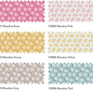 May include: Six fabric swatches with a floral pattern. The swatches are in the following colors: pink, light pink, yellow, light yellow, gray, and teal.