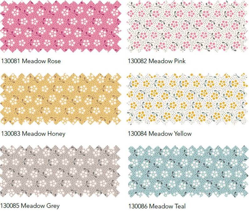 May include: Six fabric swatches with a floral pattern. The swatches are in the following colors: pink, light pink, yellow, light yellow, gray, and teal.
