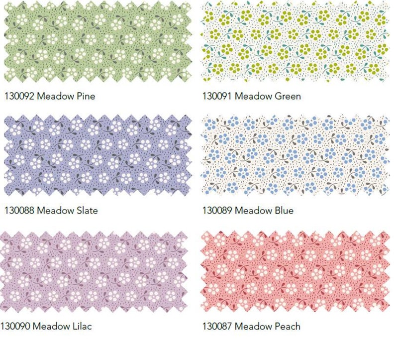May include: Four fabric swatches with a white floral pattern on a variety of colored backgrounds. The swatches are labeled with the following names and numbers: Meadow Pine (130092), Meadow Green (130091), Meadow Slate (130088), Meadow Blue (130089), Meadow Lilac (130090), and Meadow Peach (130087).