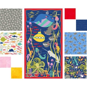 Bündel von 8 Fat Quarters Bastelstoffen mit thematischen Panel- Sealife, Fisch, Hai Thema