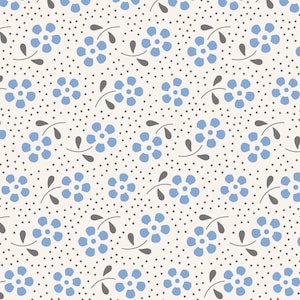 May include: A seamless pattern featuring blue flowers with five petals on a white background with small gray dots. The flowers are arranged in a repeating pattern with gray stems and leaves.
