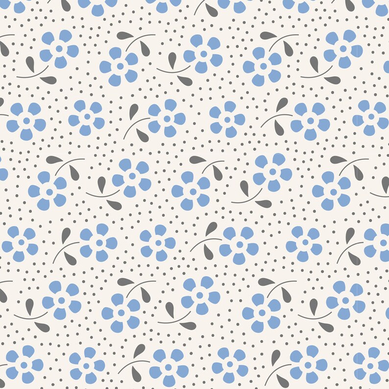 May include: A seamless pattern featuring blue flowers with five petals on a white background with small gray dots. The flowers are arranged in a repeating pattern with gray stems and leaves.