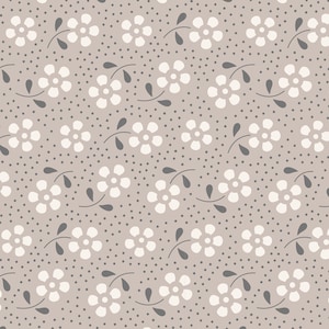 May include: A seamless pattern featuring white flowers with gray stems and leaves on a light gray background with a subtle gray polka dot pattern.