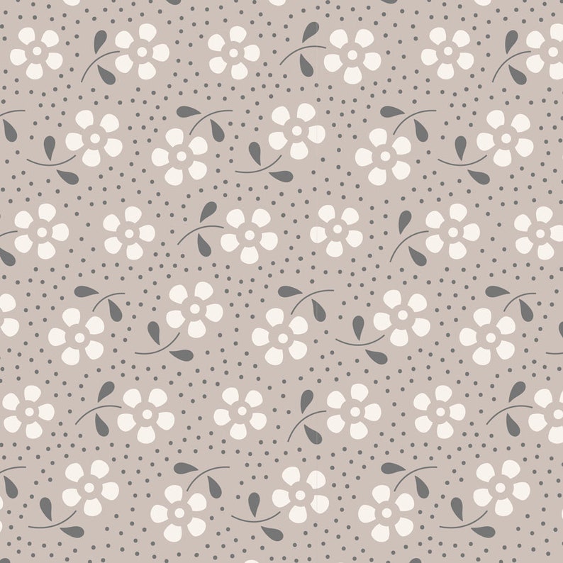 May include: A seamless pattern featuring white flowers with gray stems and leaves on a light gray background with a subtle gray polka dot pattern.