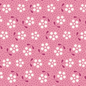 May include: A seamless pattern featuring white flowers with five petals on a pink background. The background is also covered in small white dots.