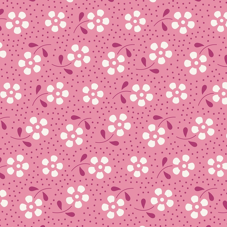 May include: A seamless pattern featuring white flowers with five petals on a pink background. The background is also covered in small white dots.