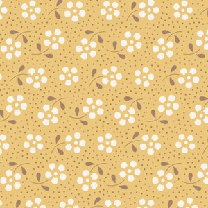 May include: A seamless pattern featuring white flowers with brown stems and leaves on a yellow background with brown polka dots.