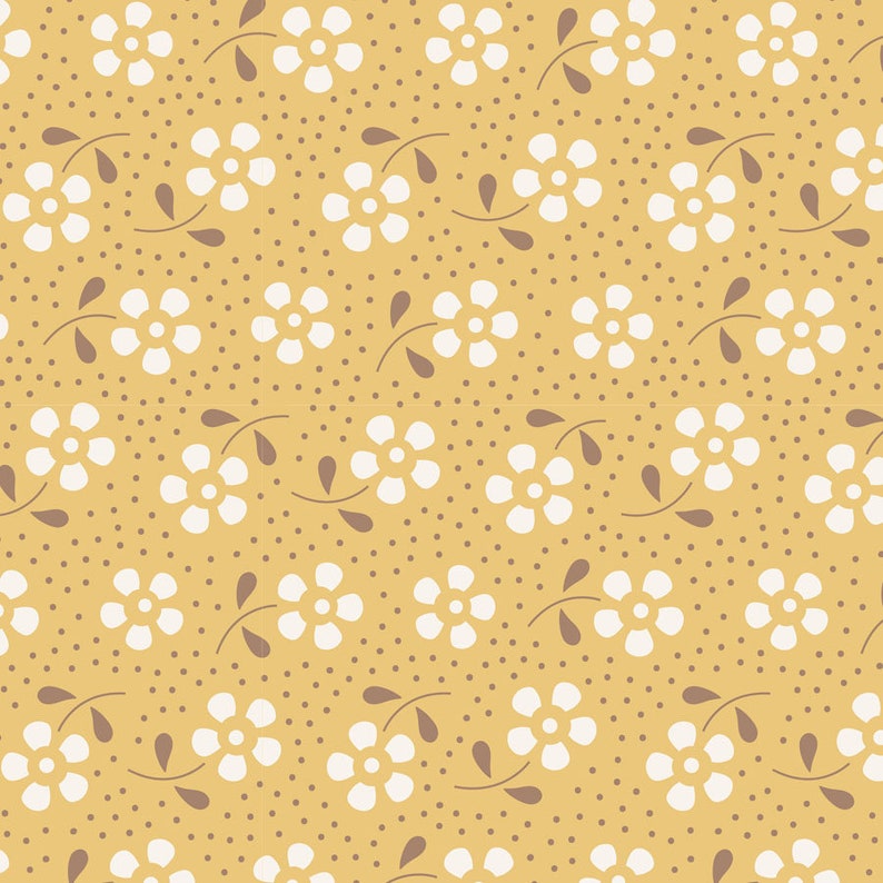 May include: A seamless pattern featuring white flowers with brown stems and leaves on a yellow background with brown polka dots.