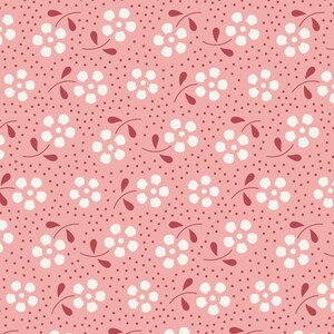 May include: A seamless pattern featuring white flowers with red stems and leaves on a pink background with small red dots.