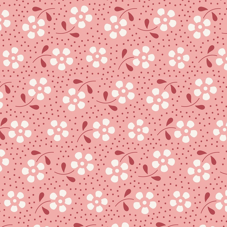May include: A seamless pattern featuring white flowers with red stems and leaves on a pink background with small red dots.