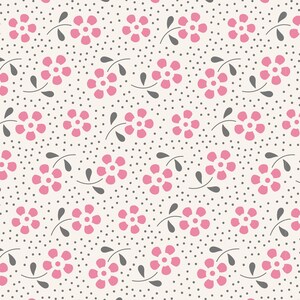 May include: A seamless pattern featuring pink flowers with four petals and gray stems on a white background with small gray dots.