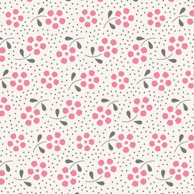 May include: A seamless pattern featuring pink flowers with four petals and gray stems on a white background with small gray dots.