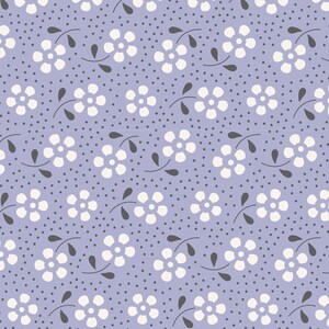 May include: A seamless pattern featuring white flowers with five petals on a light purple background. The background is also dotted with small gray dots.