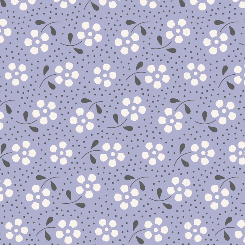 May include: A seamless pattern featuring white flowers with five petals on a light purple background. The background is also dotted with small gray dots.