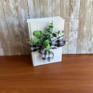 Stacked Books / Buffalo Check Ribbon and Greenery / Country Decor