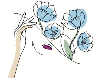 Conjunto de 5 arte de linha botânica - impressões de linha moderna - arte em bloco de cores