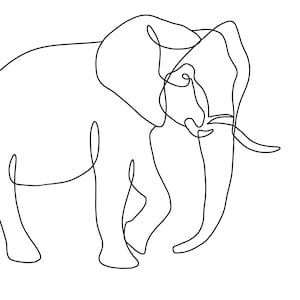 Puede incluir: Dibujo de línea de un elefante en una sola línea continua. El elefante está mirando hacia el lado derecho de la imagen y tiene la trompa levantada.
